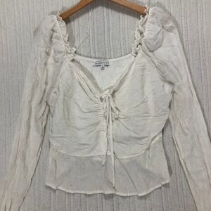 Celebrity‎ Pink Top XL White Long Sleeve Square Neck Tie Front Ruffle Trim